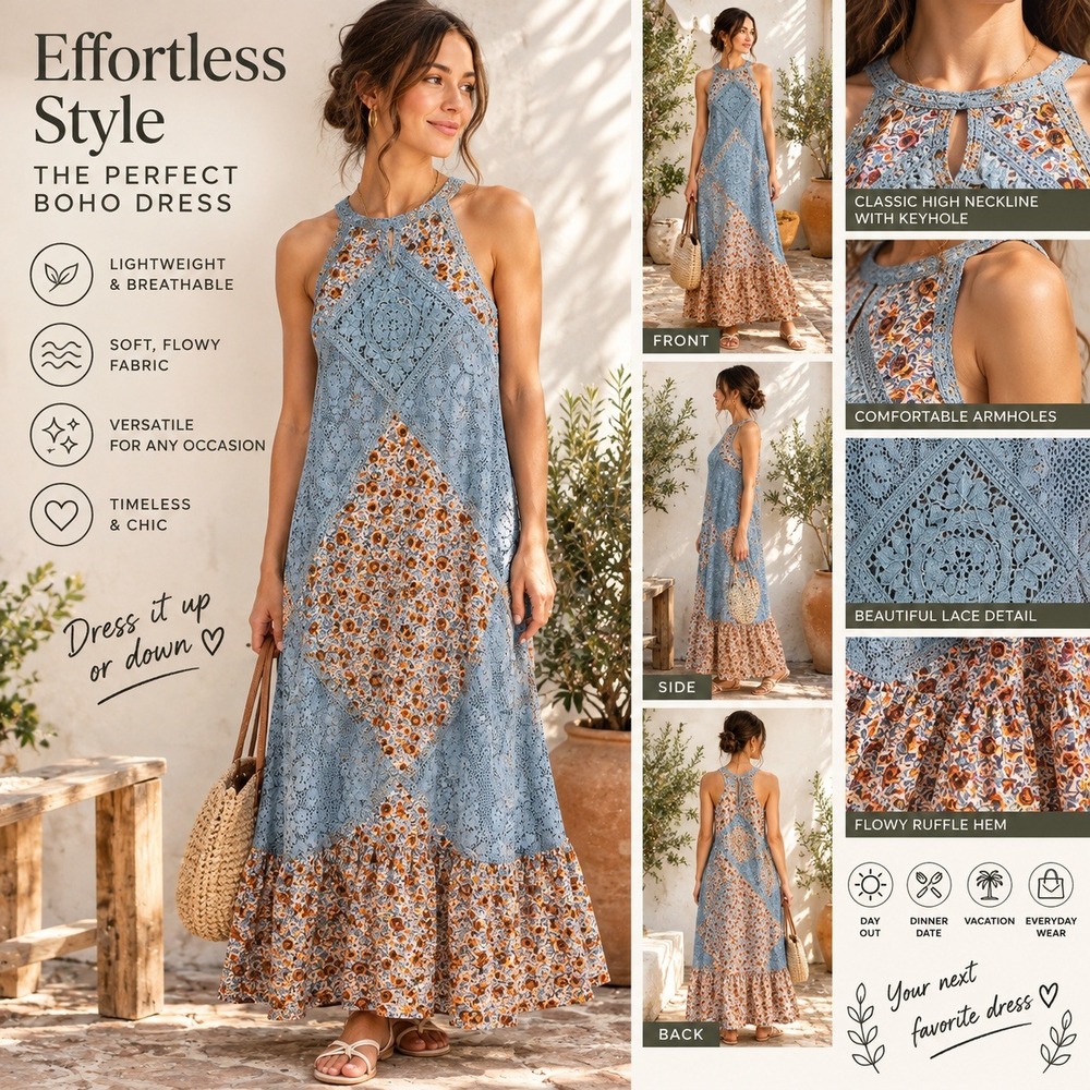 Umgee Boho Floral Crochet Lace Tunic Top Blue Orange Sleeveless Ruffle Hem Small
